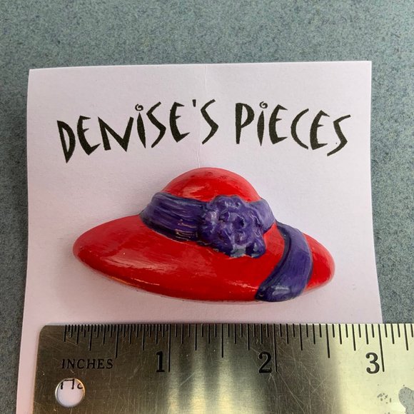 Red Hat Society Pin Brooch Plaster Red Purple Ribbon Handmade Hand Painted - Picture 2 of 2